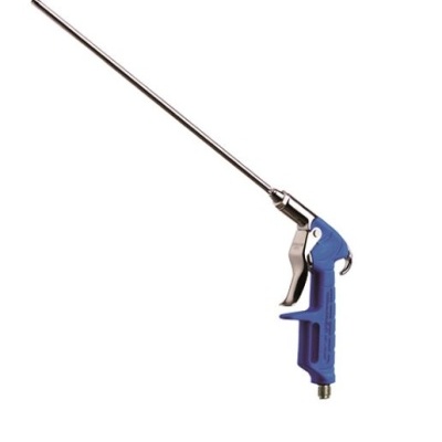 Pistola de ar comprimido azul com tubo metálico longo e fino, fundo branco