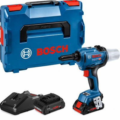 Conjunto de ferramenta Bosch com chave de impacto sem fio, bateria, carregador e estojo azul com detalhes vermelhos