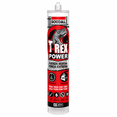 Cola adesiva SOUDAL T-REX POWER com design vermelho preto branco e texto em espanhol e português