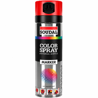 Lata de spray acrílico universal SOUDAL preta e prata com tampa vermelha