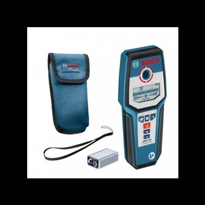 Conjunto Bosch com aparelho detetor azul e preto, estojo azul e dispositivo metálico pequeno