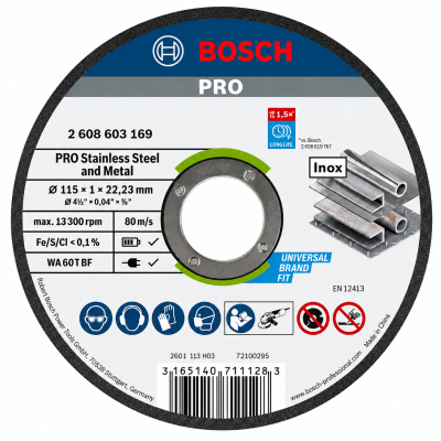 Disco de corte Bosch PRO azul, branco e cinza para aço inoxidável e metal