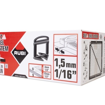 Embalagem de sistema de nivelamento Delta da RUBI com medidas 1,5 mm e cores vermelho, branco e preto