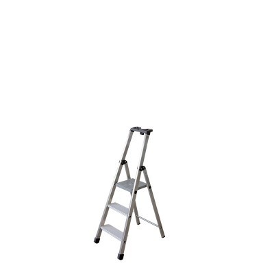 Escada de alumínio de três degraus com estrutura prateada e patins pretos