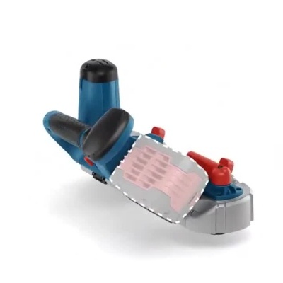 Ferramenta elétrica azul com detalhes vermelhos mostrada de vários ângulos