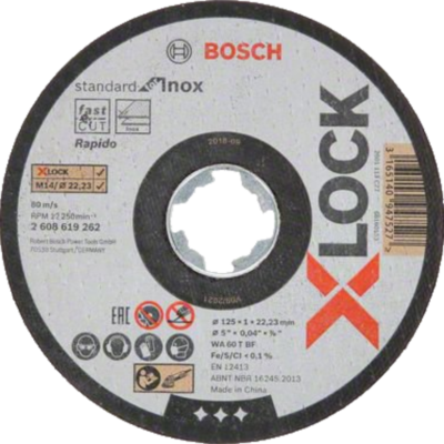 Disco de corte Bosch XLOCK cinza com texto preto e vermelho