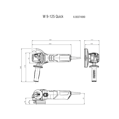 Desenho técnico de esmerilhadora com dimensões e texto W 9-125 Quick