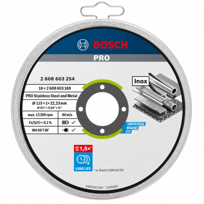 Disco de corte Bosch PRO para inox e metal com etiquetas e especificações técnicas