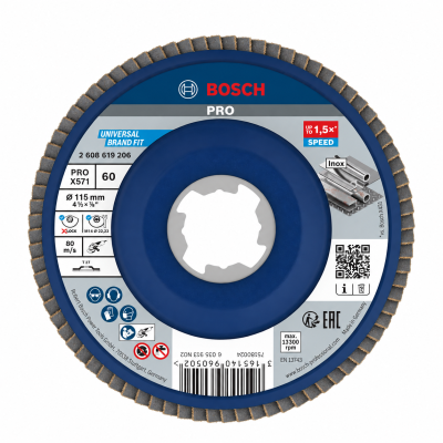 Disco abrasivo Bosch PRO X571 universal para inox com rótulo azul e cinza