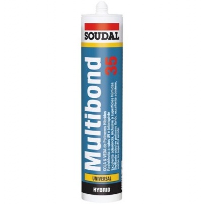 Cartucho de adesivo Multibond 35 da SOUDAL com design azul, branco, vermelho e amarelo.