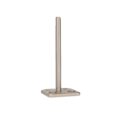 Suporte metálico prateado com base quadrada e haste vertical cilíndrica