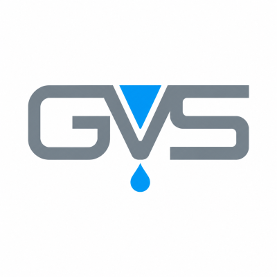 Logotipo GVS com triângulo azul e gota azul