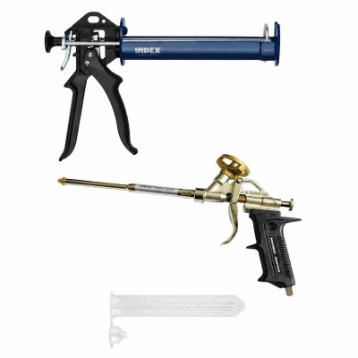 Pistolas de aplicação para selante azul e preta, dourada e preta, e misturador branco de plástico.