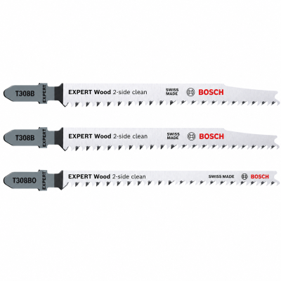 Conjunto de três lâminas de serra para madeira Bosch prateadas com textos e dentes afiados