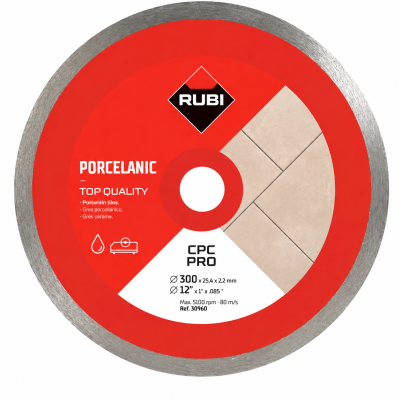 Disco de corte para porcelânico da marca RUBI em vermelho e branco com informações técnicas.
