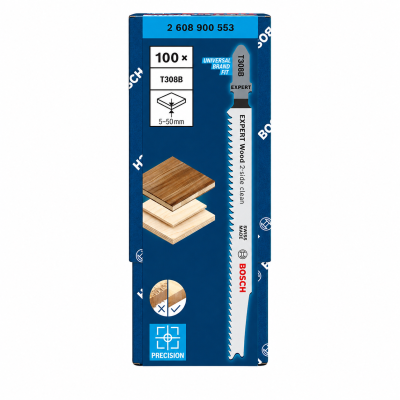 Embalagem azul de lâminas de serra Bosch para madeira Expert Wood T308B.
