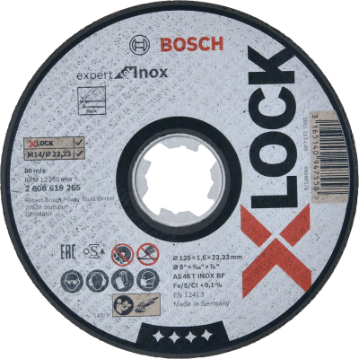 Disco de corte Bosch X-LOCK expert Inox para inox cinza com letras pretas e vermelhas