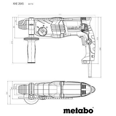 Desenho técnico de martelo perfurador metabo KHE 2645 com dimensões