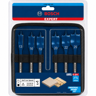 Conjunto de 6 brocas planas azuis Bosch Expert em embalagem transparente.