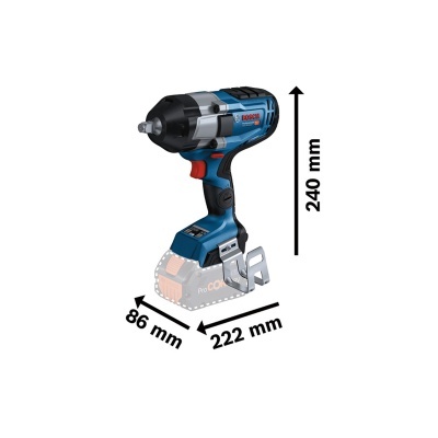 Chave de impacto Bosch Professional azul e preta com dimensões indicadas