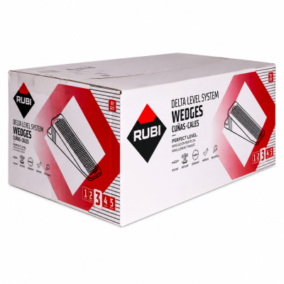 Caixa branca com cunhas Delta Level system da RUBI com detalhes vermelhos