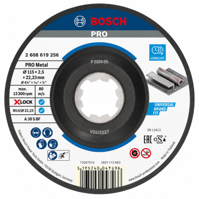 Disco de corte Bosch PRO para metal com indicação de medidas, códigos e símbolos de segurança