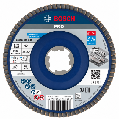 Disco de lixagem Bosch Pro azul com abas abrasivas e etiquetas com texto e símbolos.