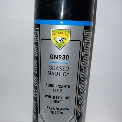 Frasco de lubrificante GN930 Grasso Nautica com tampa preta e rótulo cinza