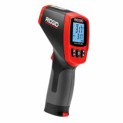 Medidor de temperatura infravermelho RIDGID micro IR-200 preto e vermelho com ecrã digital azul.