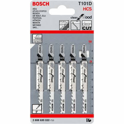 Conjunto de 5 lâminas de serra tico-tico Bosch T101D HCS para madeira em embalagem cinza e vermelho