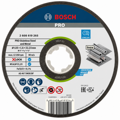 Disco de corte Bosch PRO para metal e aço inoxidável, detalhes técnicos e etiquetas.