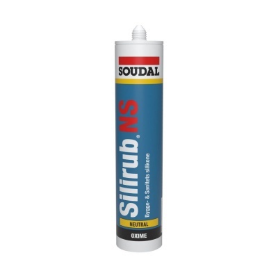 Tubo de silicone Silirub NS da marca SOUDAL em fundo branco
