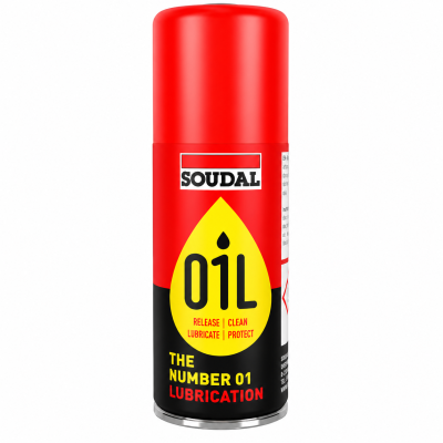 Lata spray óleo lubrificante SOUDAL vermelha, preta e amarela