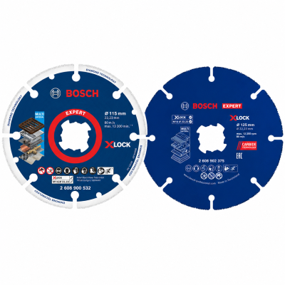 Discos de corte Bosch Expert XLOCK azul com texto em vermelho e branco