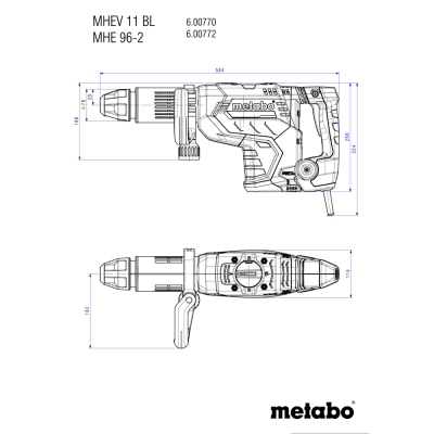 Desenho técnico de ferramenta elétrica Metabo com dimensões e texto