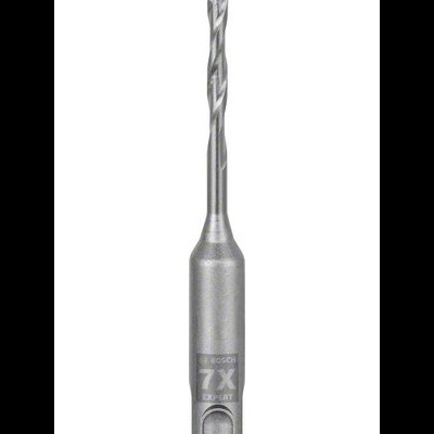 Broca metálica prateada com ponta azul e texto gravado