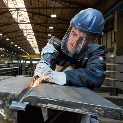 Trabalhador em oficina industrial usando rebarbadora para cortar metal com equipamento de segurança