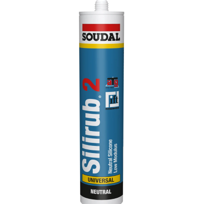 Frasco azul de silicone neutro da marca SOUDAL Silirub 2 com texto em várias cores