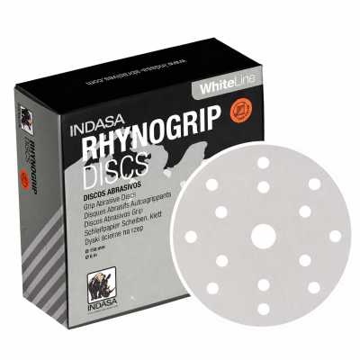 Caixa de discos abrasivos Indasa Rhynogrip com discos cinzentos redondos com furos.