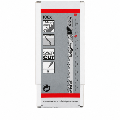 Embalagem de lâminas de serra Bosch para madeira, com texto Clean CUT, 100x, T101D, HCS, 4-5,2 mm, fundo branco e cinza com faixa vermelha