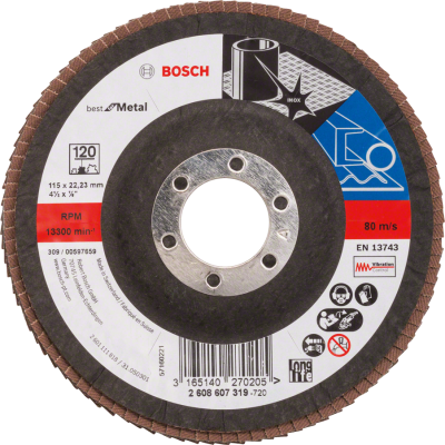 Disco abrasivo Bosch para metal com etiquetas de especificação e segurança