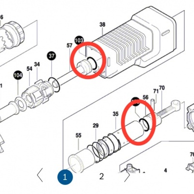 Desenho técnico de componentes mecânicos em várias peças cilíndricas com dois círculos vermelhos destacando partes específicas.