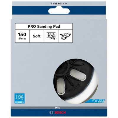 Pack de PRO Sanding Pad da Bosch com 150 mm, preto e branco, embalagem cinza e azul