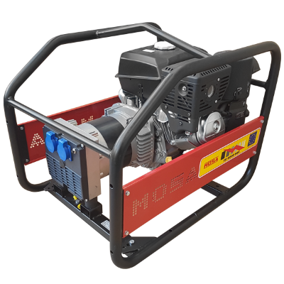 Gerador móvel de energia vermelho e preto com etiquetas e tomadas azuis