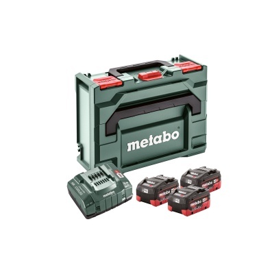 Estojo Metabo verde com baterias e carregador preto e vermelho