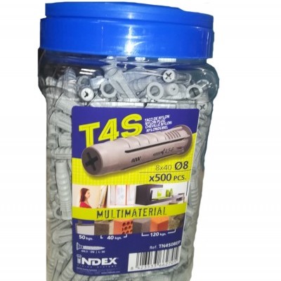 Frasco plástico azul com tacos de nylon cinza T4S 8x40 Ø8, 500 peças, rótulo MULTIMATERIAL INDEX