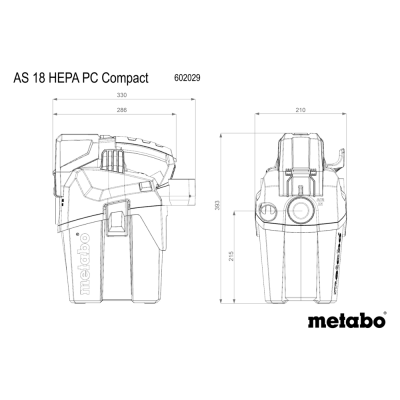 Desenho técnico de aspirador compacto Metabo AS 18 HEPA PC Compact com medidas
