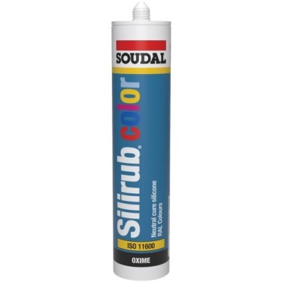 Embalagem cilíndrica de adesivo Silirub color SOUDAL azul com texto colorido