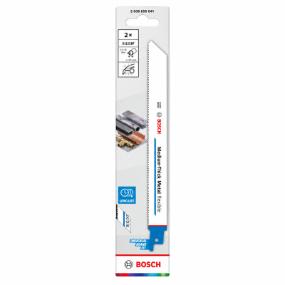 Lâmina de serra Bosch para metal médio, embalagem branca com azul e vermelho.