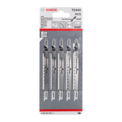 Conjunto de 5 lâminas de serra Bosch T234X HCS para madeira em embalagem de cartão cinzento e branco com texto e logótipos.